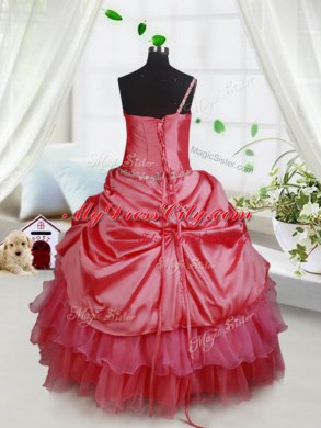 Red Ball Gowns Organza and Taffeta Spaghetti Straps Sleeveless Beading and Ruffled Layers Floor Length Lace Up Custom Made