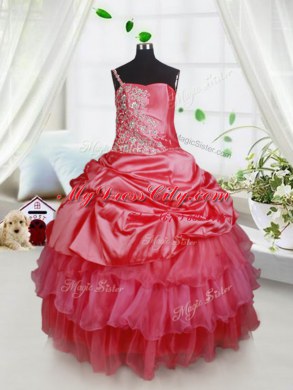 Red Ball Gowns Organza and Taffeta Spaghetti Straps Sleeveless Beading and Ruffled Layers Floor Length Lace Up Custom Made