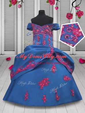 Off the Shoulder Sleeveless Taffeta Floor Length Lace Up Kids Formal Wear in Blue with Beading and Appliques and Pick Ups