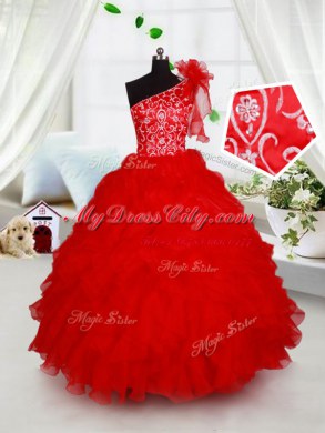 One Shoulder Red Ball Gowns Beading and Ruffles and Hand Made Flower Evening Gowns Lace Up Organza Sleeveless Floor Length