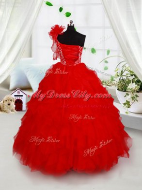 One Shoulder Red Ball Gowns Beading and Ruffles and Hand Made Flower Evening Gowns Lace Up Organza Sleeveless Floor Length