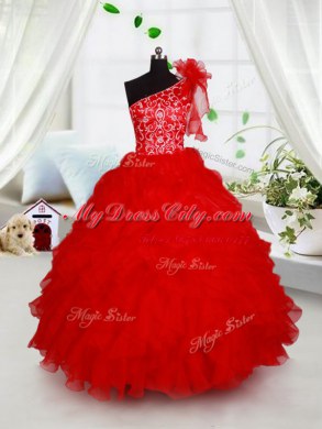 One Shoulder Red Ball Gowns Beading and Ruffles and Hand Made Flower Evening Gowns Lace Up Organza Sleeveless Floor Length