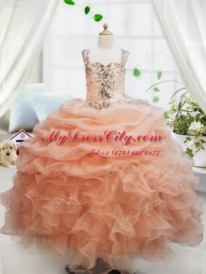 Straps Sleeveless Floor Length Beading and Ruffles and Pick Ups Zipper Girls Pageant Dresses with Orange