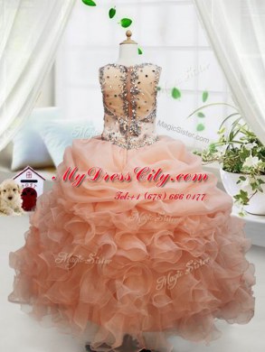 Straps Sleeveless Floor Length Beading and Ruffles and Pick Ups Zipper Girls Pageant Dresses with Orange