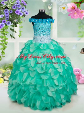 Off The Shoulder Sleeveless Little Girl Pageant Gowns Floor Length Beading and Appliques and Ruffles Turquoise Organza