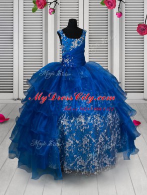 Scoop Royal Blue Organza and Lace Lace Up Kids Formal Wear Sleeveless Floor Length Beading and Lace and Ruffled Layers