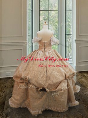 Off the Shoulder Champagne Organza and Lace Clasp Handle Pageant Dress for Teens Sleeveless Floor Length Lace and Ruffles and Hand Made Flower