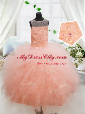 Floor Length Peach Party Dress for Toddlers Scoop Sleeveless Zipper