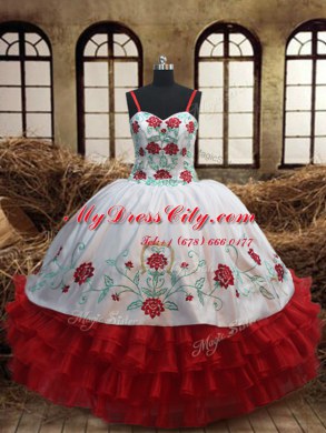 White and Red Spaghetti Straps Lace Up Embroidery and Ruffled Layers Little Girl Pageant Gowns Sleeveless