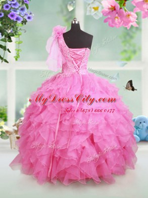 One Shoulder Sleeveless Pageant Dress Womens Floor Length Beading and Ruffles and Hand Made Flower Rose Pink Organza