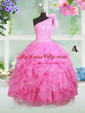 One Shoulder Sleeveless Pageant Dress Womens Floor Length Beading and Ruffles and Hand Made Flower Rose Pink Organza