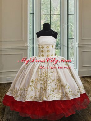 Superior Ruffled Floor Length White and Red Party Dress for Girls Strapless Sleeveless Lace Up