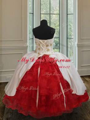 Superior Ruffled Floor Length White and Red Party Dress for Girls Strapless Sleeveless Lace Up