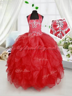 Halter Top Floor Length Red Little Girl Pageant Gowns Organza Sleeveless Beading and Ruffles