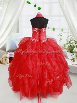 Halter Top Floor Length Red Little Girl Pageant Gowns Organza Sleeveless Beading and Ruffles