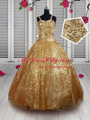 Sequins Ball Gowns Party Dresses Gold Straps Tulle Sleeveless Floor Length Lace Up