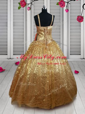 Sequins Ball Gowns Party Dresses Gold Straps Tulle Sleeveless Floor Length Lace Up