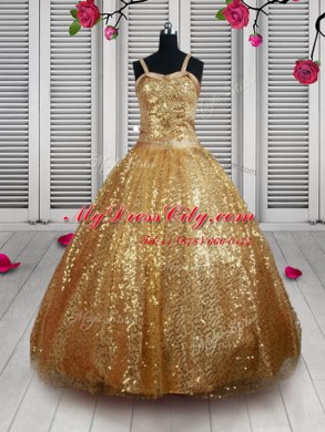 Sequins Ball Gowns Party Dresses Gold Straps Tulle Sleeveless Floor Length Lace Up