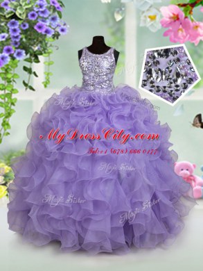 Scoop Sleeveless Floor Length Beading and Ruffles Zipper Pageant Dress Toddler with Lavender