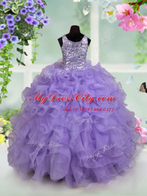 Scoop Sleeveless Floor Length Beading and Ruffles Zipper Pageant Dress Toddler with Lavender