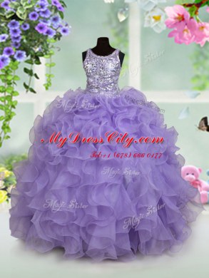 Scoop Sleeveless Floor Length Beading and Ruffles Zipper Pageant Dress Toddler with Lavender