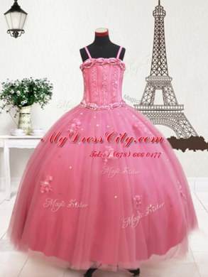 Hot Sale Straps Hot Pink Ball Gowns Beading and Appliques Little Girls Pageant Gowns Zipper Tulle Sleeveless Floor Length