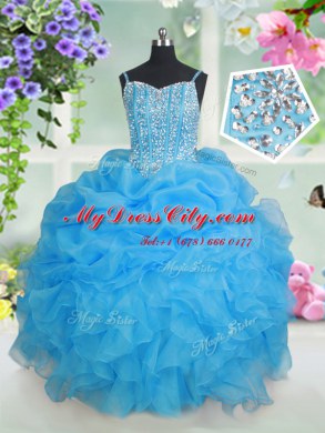 Baby Blue Ball Gowns Organza Spaghetti Straps Sleeveless Beading and Ruffles and Pick Ups Floor Length Lace Up Pageant Dress Womens