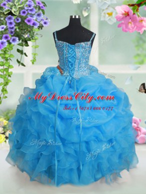 Baby Blue Ball Gowns Organza Spaghetti Straps Sleeveless Beading and Ruffles and Pick Ups Floor Length Lace Up Pageant Dress Womens