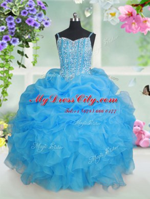 Baby Blue Ball Gowns Organza Spaghetti Straps Sleeveless Beading and Ruffles and Pick Ups Floor Length Lace Up Pageant Dress Womens