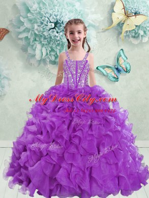 New Arrival Eggplant Purple Ball Gowns Organza Straps Sleeveless Beading and Ruffles Floor Length Lace Up Pageant Dress