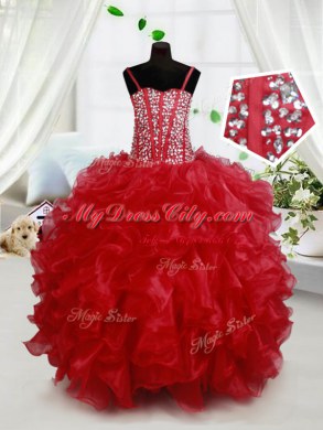 Elegant Floor Length Ball Gowns Sleeveless Red Teens Party Dress Lace Up