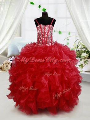 Elegant Floor Length Ball Gowns Sleeveless Red Teens Party Dress Lace Up