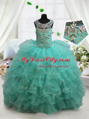 Scoop Turquoise Sleeveless Floor Length Beading and Ruffled Layers Lace Up Pageant Dress