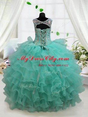 Scoop Turquoise Sleeveless Floor Length Beading and Ruffled Layers Lace Up Pageant Dress