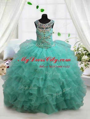 Scoop Turquoise Sleeveless Floor Length Beading and Ruffled Layers Lace Up Pageant Dress