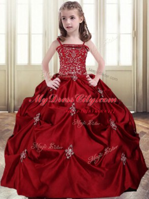 Wine Red Lace Up Spaghetti Straps Beading and Pick Ups Little Girls Pageant Dress Taffeta Sleeveless