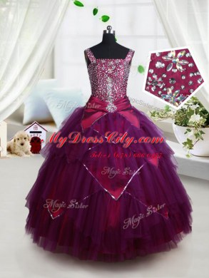 Dark Purple Square Lace Up Beading and Ruffles and Belt Pageant Dress Wholesale Sleeveless