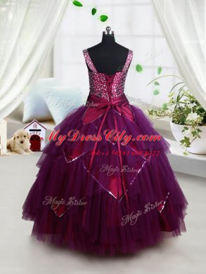 Dark Purple Square Lace Up Beading and Ruffles and Belt Pageant Dress Wholesale Sleeveless