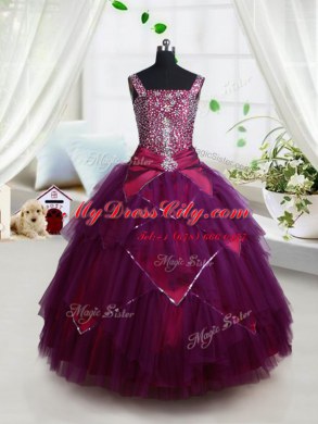 Dark Purple Square Lace Up Beading and Ruffles and Belt Pageant Dress Wholesale Sleeveless