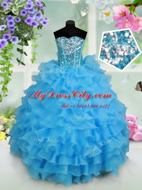 Baby Blue Lace Up Strapless Beading and Ruffled Layers and Sequins Custom Made Pageant Dress Organza Sleeveless