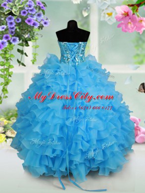 Baby Blue Lace Up Strapless Beading and Ruffled Layers and Sequins Custom Made Pageant Dress Organza Sleeveless