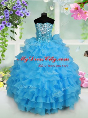 Baby Blue Lace Up Strapless Beading and Ruffled Layers and Sequins Custom Made Pageant Dress Organza Sleeveless