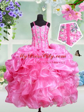 Affordable Straps Rose Pink Organza Lace Up Little Girl Pageant Dress Sleeveless Floor Length Beading and Ruffles and Pick Ups