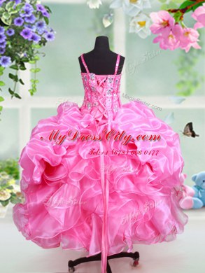 Affordable Straps Rose Pink Organza Lace Up Little Girl Pageant Dress Sleeveless Floor Length Beading and Ruffles and Pick Ups