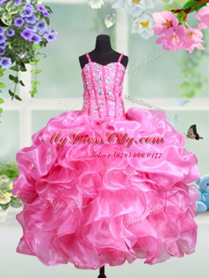 Affordable Straps Rose Pink Organza Lace Up Little Girl Pageant Dress Sleeveless Floor Length Beading and Ruffles and Pick Ups