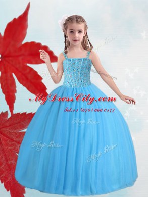 Dramatic Baby Blue Ball Gowns Taffeta and Tulle Straps Sleeveless Beading Floor Length Lace Up Pageant Dress