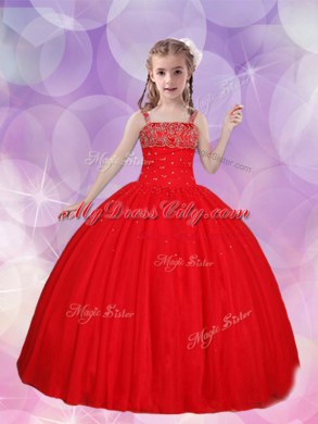 Ball Gowns Winning Pageant Gowns Red Straps Tulle Sleeveless Floor Length Lace Up