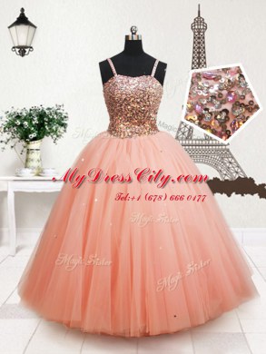 Best Sequins Ball Gowns Little Girls Pageant Gowns Peach Straps Tulle Sleeveless Floor Length Zipper