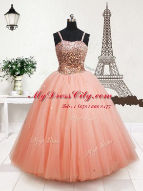 Best Sequins Ball Gowns Little Girls Pageant Gowns Peach Straps Tulle Sleeveless Floor Length Zipper