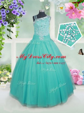 Dramatic Ball Gowns Little Girls Pageant Dress Wholesale Turquoise Asymmetric Tulle Sleeveless Floor Length Zipper